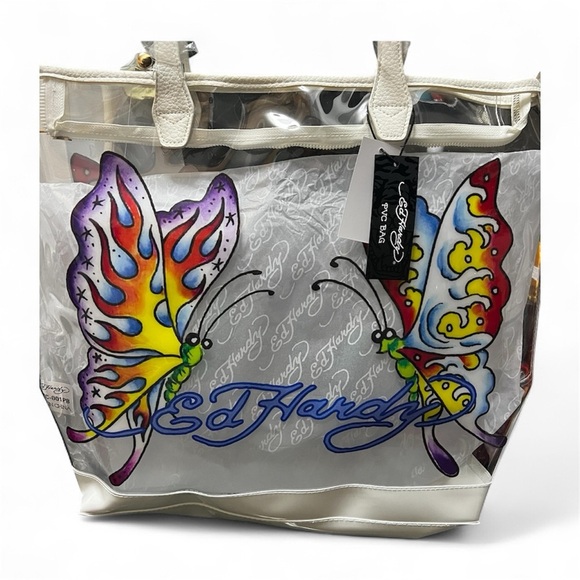 NWT Ed Hardy Butterfly Graphic Clear PVC Tote Bag Y2K 90s Edgy Streetwear - Picture 2 of 10